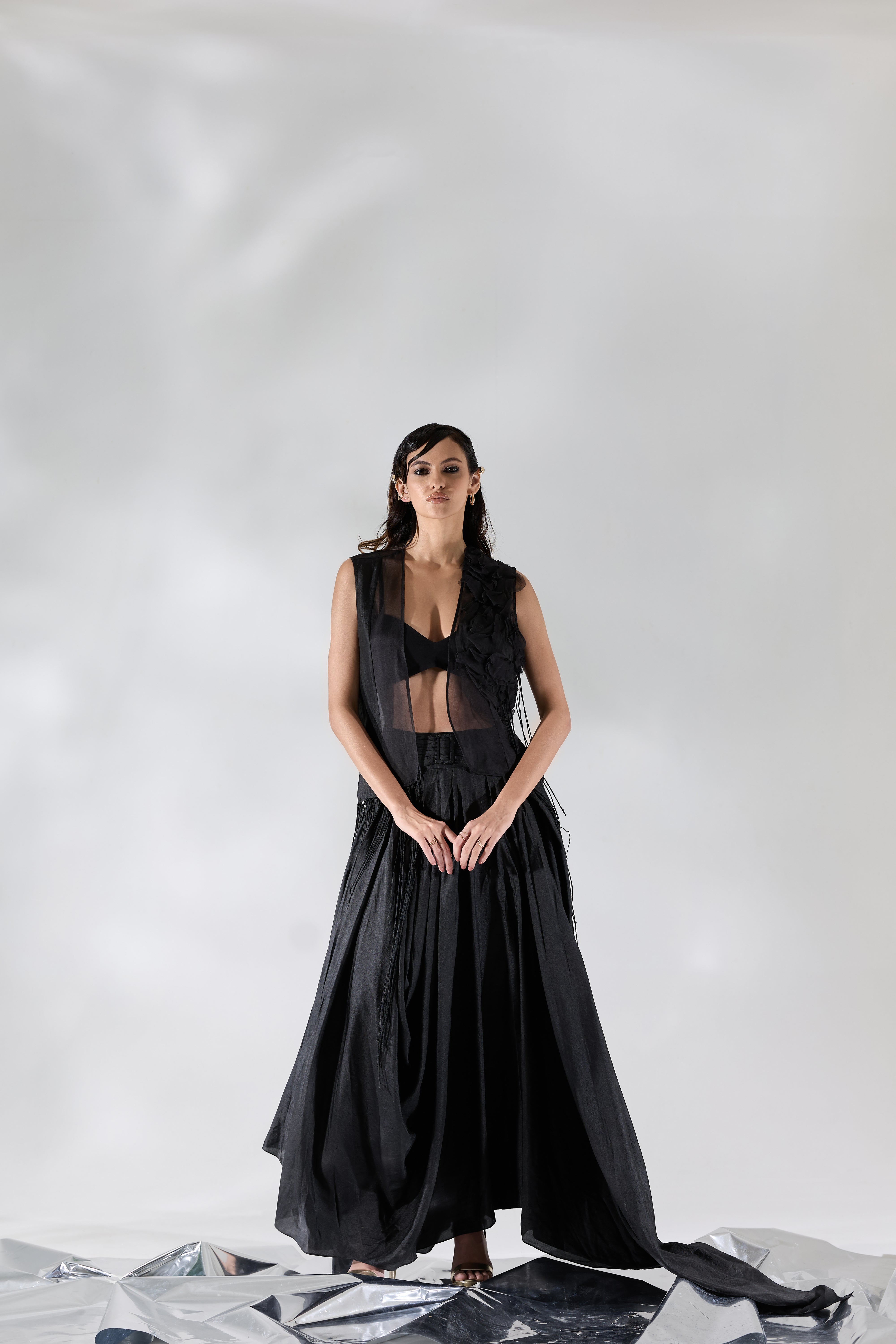 Fringe Veil Half And Half Jacket Skirt Set - Bustier