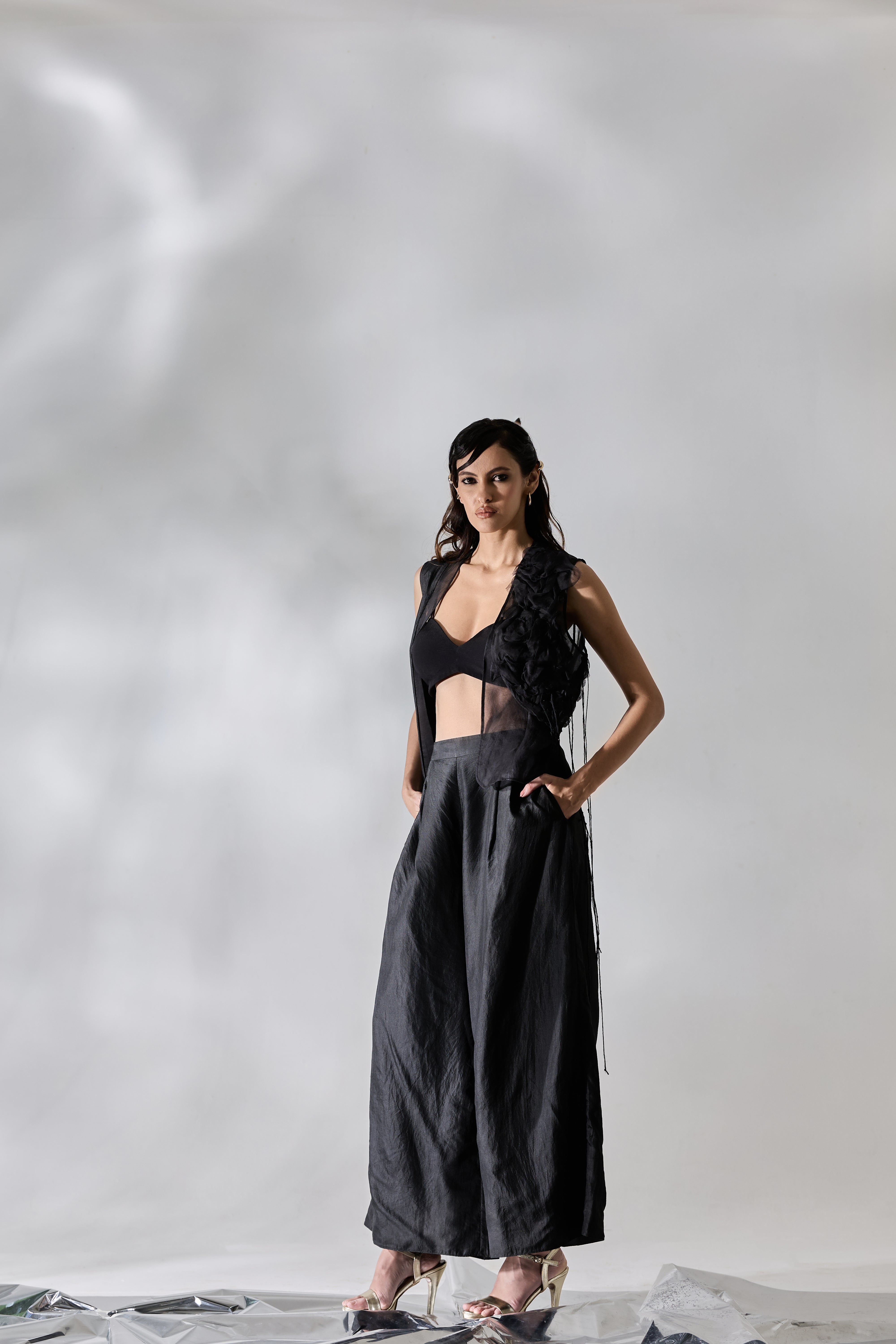 Fringe Veil Half And Half Jacket Pants Set - Pants